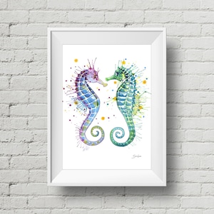 Guardians of the Sea : art print seahorse watercolor painting