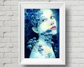 Beauty in the Breakdown : art print surreal mushroom girl watercolor painting