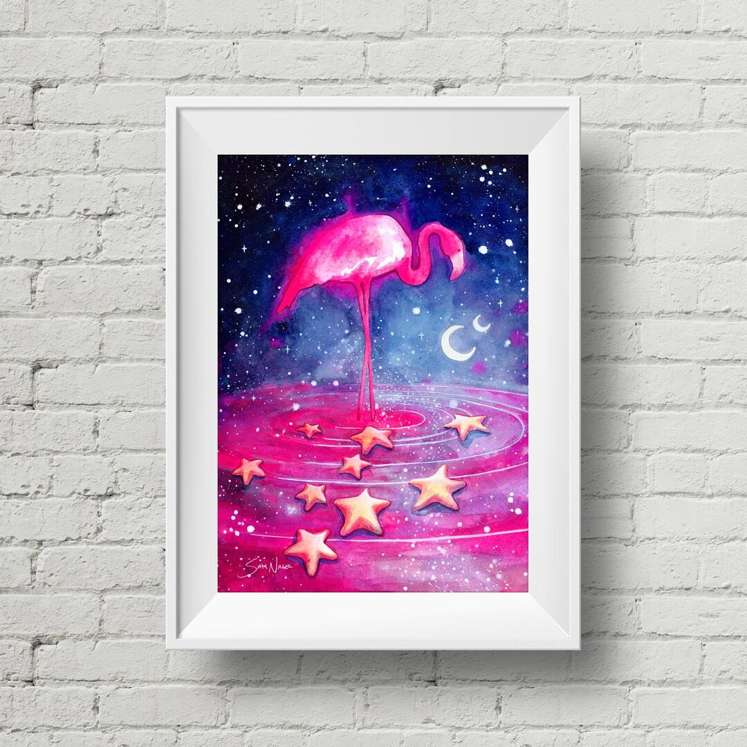 Flamingo Dreams Art Print Celestial Pink Flamingo Watercolor Painting