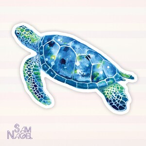 May include: A watercolor painting of a blue and green sea turtle swimming. The turtle has a detailed shell and flippers.