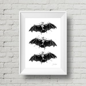 Skeletal Bats : art print halloween bats watercolor ink painting (Add Custom Text / Change Colors - optional)