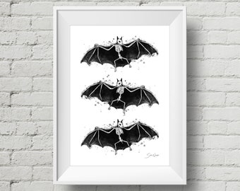 Skeletal Bats : art print halloween bats watercolor ink painting (Add Custom Text / Change Colors - optional)