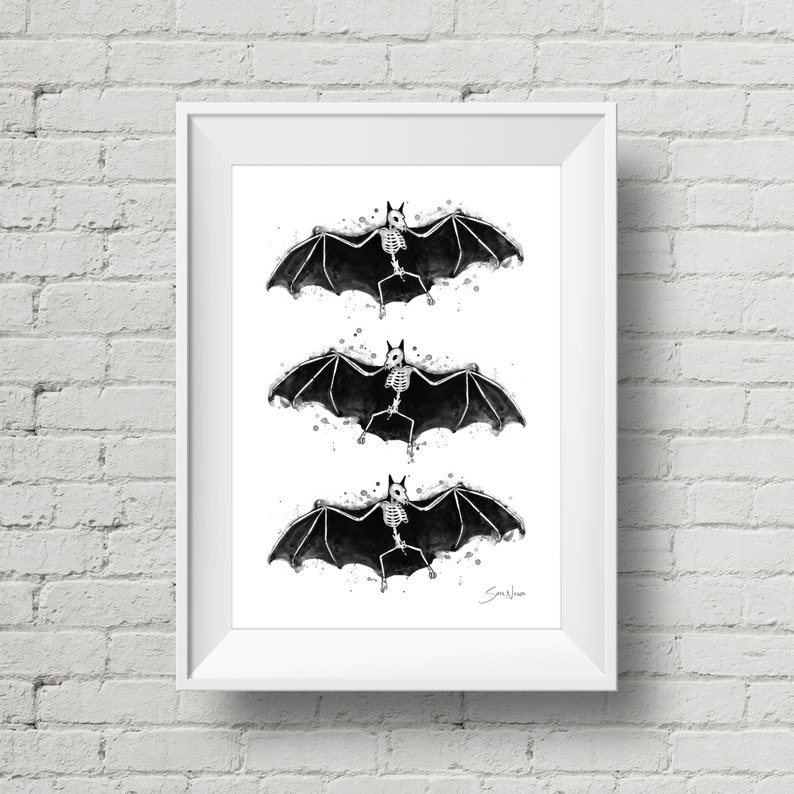 Skeletal Bats : art print halloween bats watercolor ink painting Add Custom Text / Change Colors optional image 1