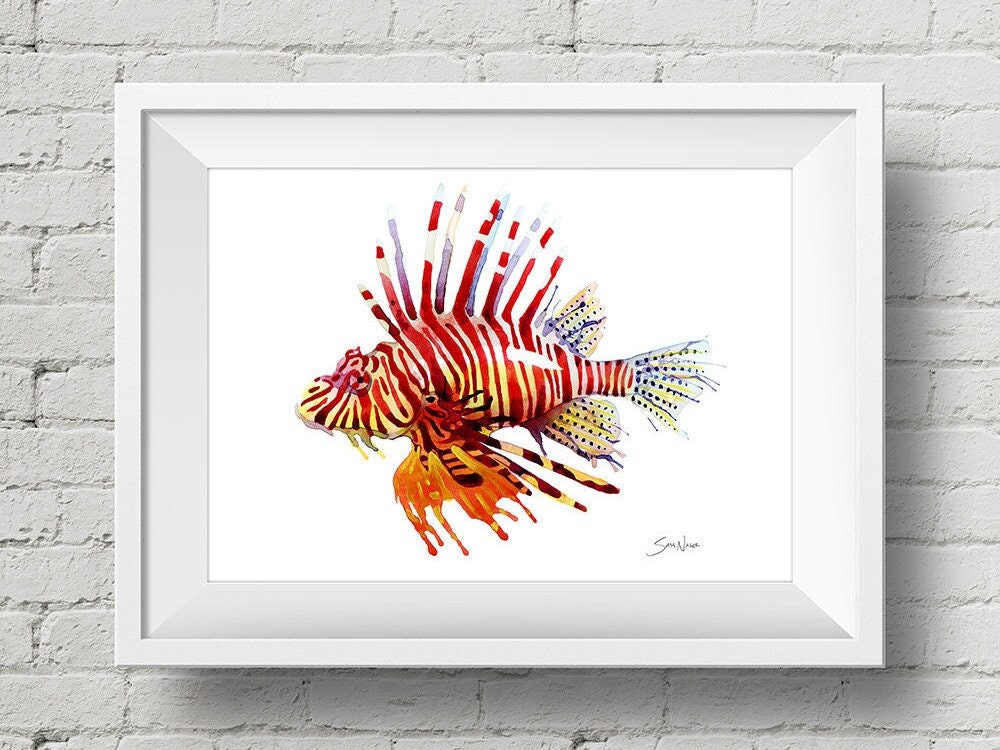Lion Fish : Art Print Lionfish Sea Life Fish Watercolor Painting add Custom  Text / Change Colors Optional 