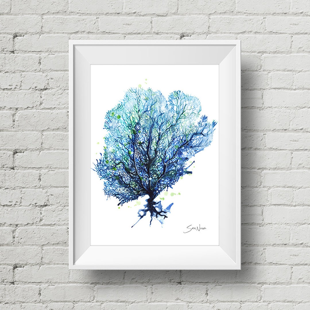 Fan Coral Aqua Art Print Blue Sea Fan Coral Watercolor Painting Etsy
