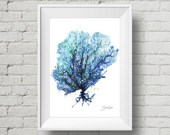 Fan Coral Aqua : art print blue sea fan coral watercolor painting (Add Custom Text / Change Colors - optional)