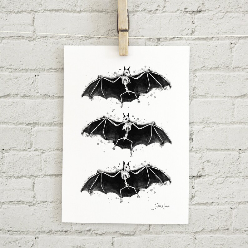 Skeletal Bats : art print halloween bats watercolor ink painting Add Custom Text / Change Colors optional image 4