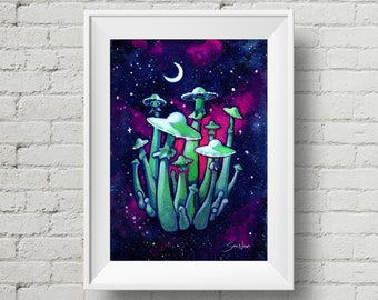 Fungus Amongus : art print celestial ufo alien mushroom watercolor painting (Add Custom Text / Change Colors - optional)