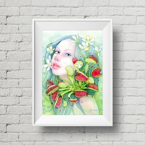 May include: Watercolor painting of a woman with a face painted white and red lips. Her hair is green and has red and green Venus flytraps growing in it. The background is a light blue and green watercolor wash.