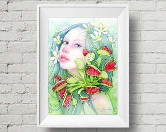 The Venus of Dreams : art print, venus fly trap watercolor painting