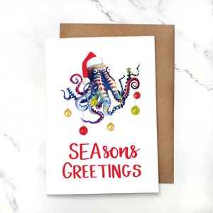 Tarjeta navideña con pulpo y saludos de SEAsons, tamaño A7, 5 x 7 pulgadas, con sobre, juegos opcionales