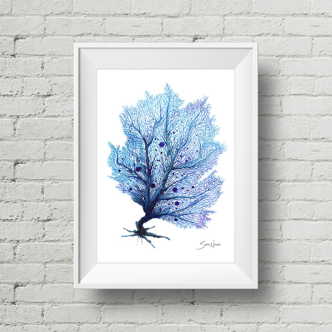 Fan Coral Blue Art Print Blue Sea Fan Coral Watercolor Etsy