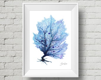 Fan Coral Blue : art print, blue sea fan coral watercolor painting (Add Custom Text / Change Colors - optional)