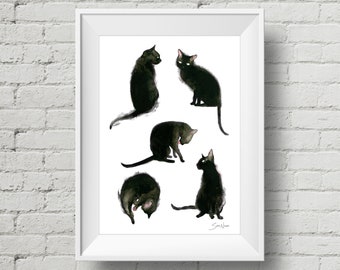 Caturdays : art print black cat watercolor ink painting (Add Custom Text / Change Colors - optional)