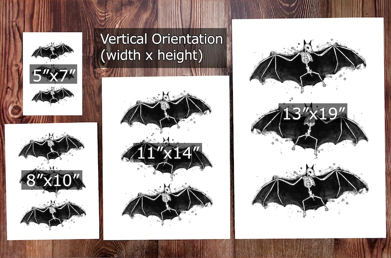 Skeletal Bats : art print halloween bats watercolor ink painting Add Custom Text / Change Colors optional image 2