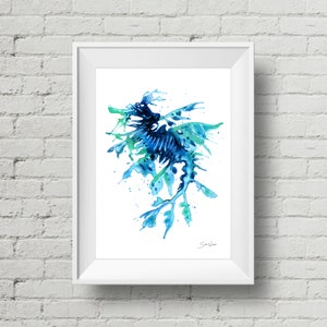 Leafy Sea Dragon : art print blue seahorse watercolor painting (Add Custom Text / Change Colors - optional)