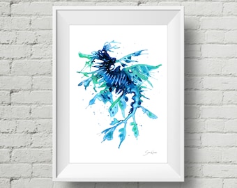 Leafy Sea Dragon : art print blue seahorse watercolor painting (Add Custom Text / Change Colors - optional)