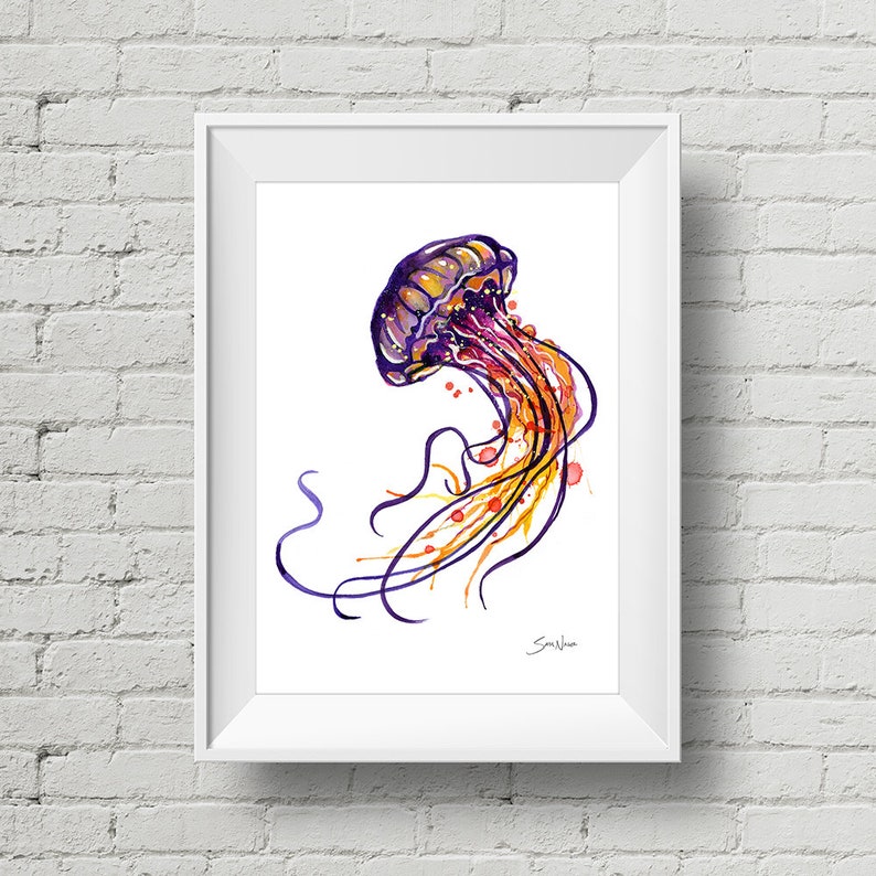 Jellyfish : art print colorful jellyfish sea life watercolor painting Add Custom Text / Change Colors optional image 1