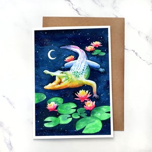 Gator clair de lune | Carte de voeux vierge à l'intérieur | Carte A7 5 x 7 po. avec enveloppe | Jeux en option
