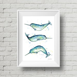 Narwhal Study : art print watercolor narwhal whale painting (Add Custom Text / Change Colors - optional)