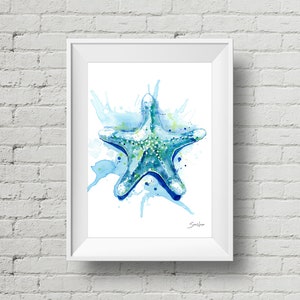 Starfish Waters II : art print, beachy nautical sea star watercolor painting