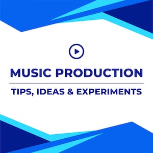 May include: A graphic with a white background and blue geometric shapes. The text "MUSIC PRODUCTION" is in bold, dark blue letters, with the words "TIPS, IDEAS & EXPERIMENTS" below. A play button icon is at the top.