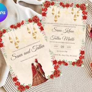 Indiase traditionele sjabloon huwelijksuitnodiging betaalbare huwelijksuitnodiging Elegante digitale uitnodiging Aangepaste sjabloon afdrukbare huwelijksuitnodiging