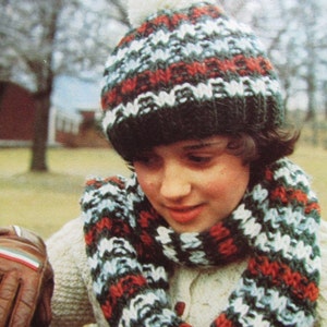 Knitted Hat Pattern, Knitted Scarf Pattern - 2 Vintage PDF Patterns, Knit Hat and Scarf Set 2280-212
