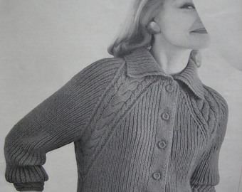 Padrão de tricô vintage dos anos 1960 em PDF Jaqueta Raglan Cable feminina arquivo pdf 736-7
