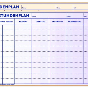 Può includere: Un modello di programma settimanale vuoto con le parole "Stundenplan" in alto, che significa "orario" in tedesco. Il modello è diviso in colonne per ogni giorno della settimana, con righe per ogni ora del giorno. Il modello è progettato per l'uso in un ambiente scolastico o in classe.