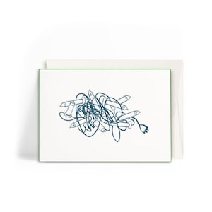 May include: Greeting card with a white background and a green border. The card features a teal line drawing of tangled Christmas lights with a plug. The card is blank inside and comes with a white envelope.