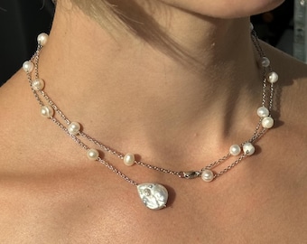 Colar Lariat Conversível de Pérolas, Pulseira Envolvente de Pérolas Barrocas, Corrente Longa em Y, Joia de Aço Inoxidável com Pérolas - Presente Ideal para Ela