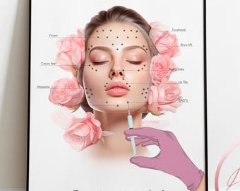 May include: A framed print titled "INJECTION POINT" featuring a woman's face with dotted markings and floral accents. A gloved hand holds a syringe near the lips. The text "Every point, an opportunity to shine" is at the bottom.