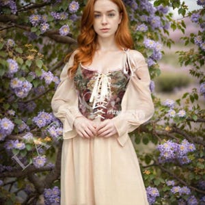Floral LARP Corset – Romantic Brocade Lace-Up Bodice with Cream Ribbons, Medieval Fantasy Cottagecore Fair Corset Top for Women