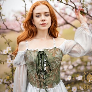 Floral Renaissance LARP Corset – Green Brocade Lace-Up Bodice with Lace Trim, Medieval Fantasy Fair Corset Top for Women