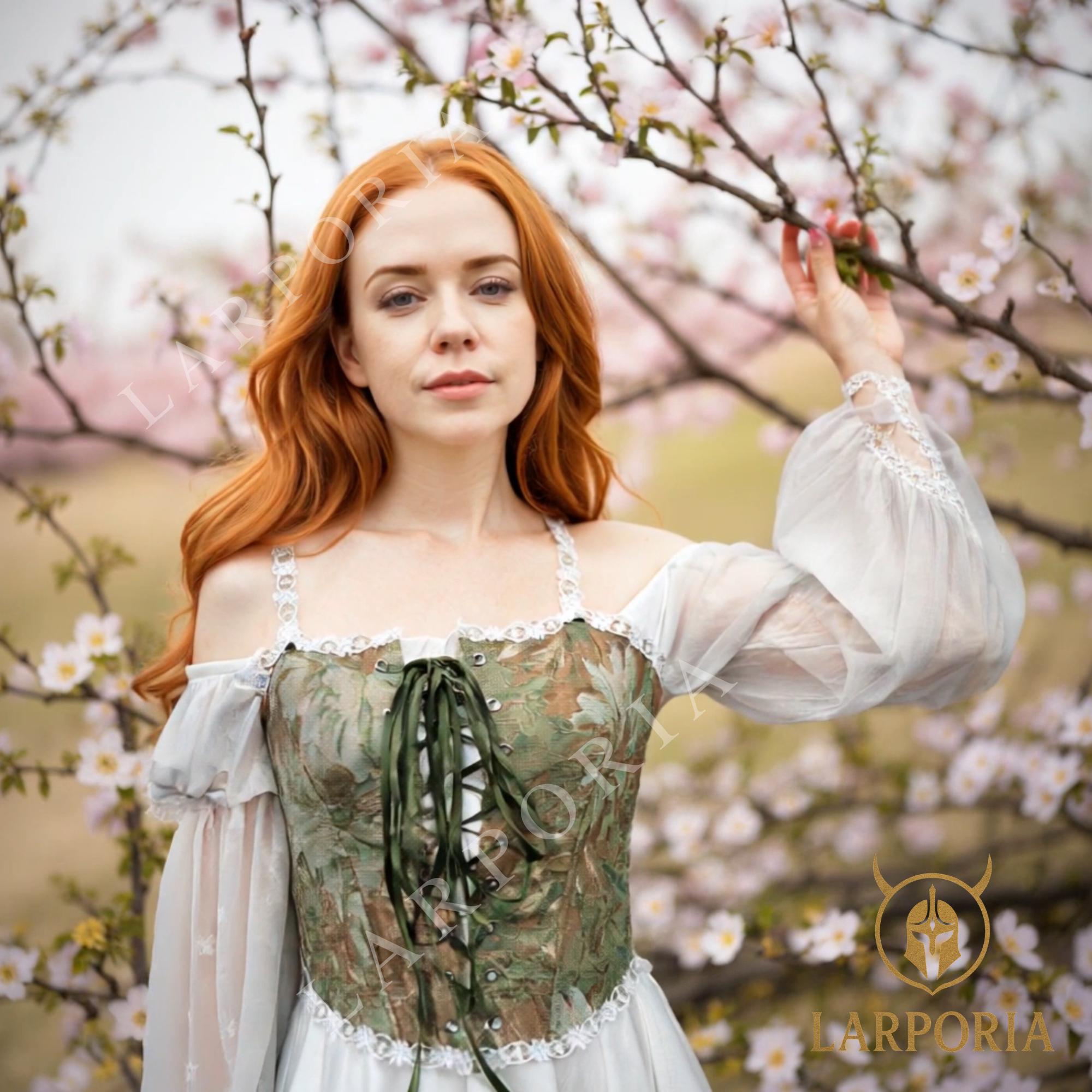 Floral Renaissance LARP Corset – Green Brocade Lace-Up Bodice with Lace Trim, Medieval Fantasy Fair Corset Top for Women