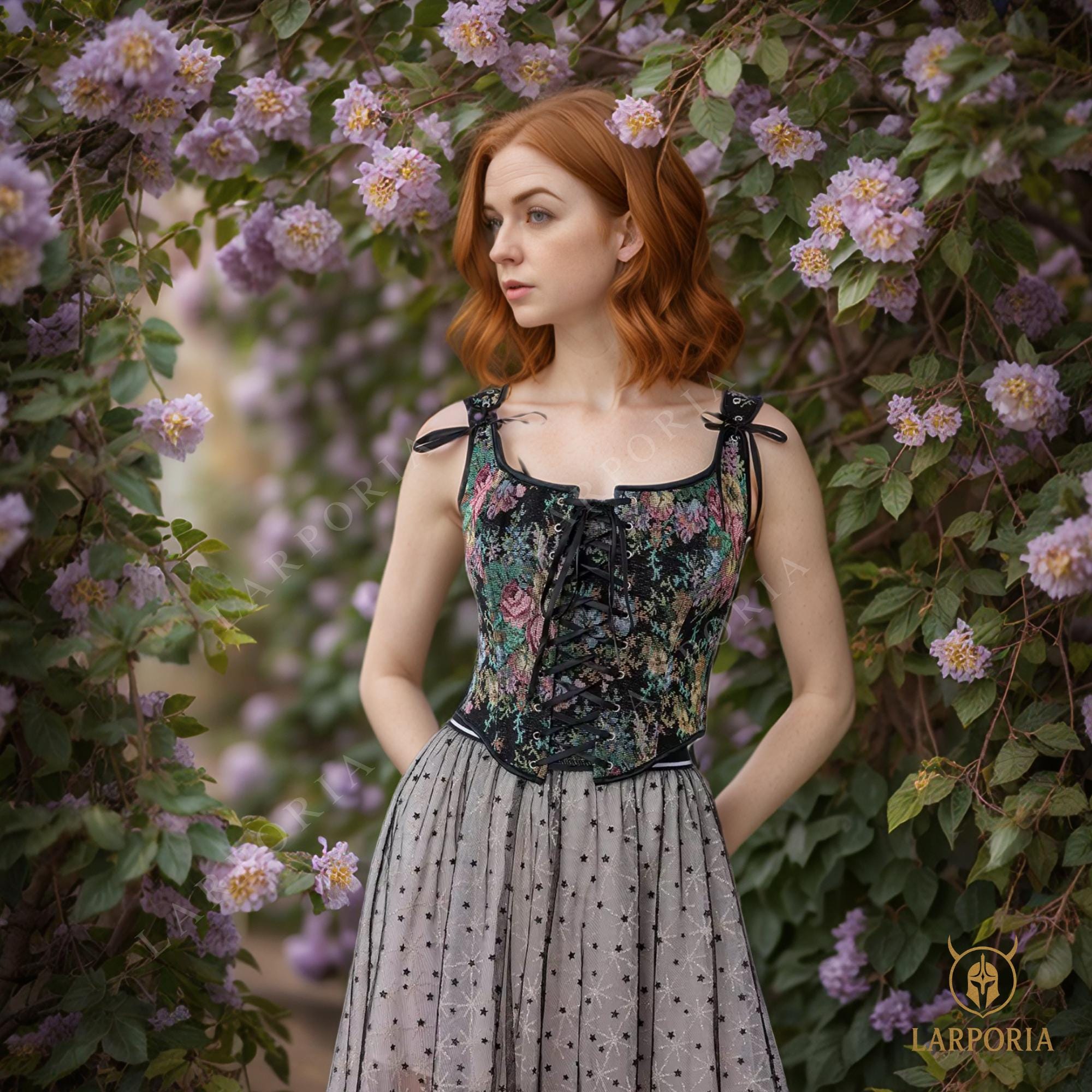 Gothic Floral Corset Top for Women – Lace Up Boned Bustier, Vintage Victorian Waist Trainer, Steampunk Festival Corset Top