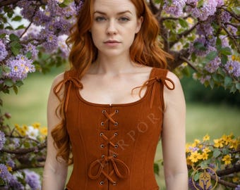Rustic LARP Corset Top – Brown Renaissance Bodice for Cosplay, Festival, Cottagecore, Medieval Outfit, Fairycore, Pirate Costume