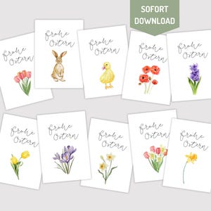 Set di cartoline di Pasqua | 10 biglietti d'auguri | Biglietti di Pasqua | Fiori Tulipani Narcisi Giacinti Narcisi Coniglietto pasquale Crochi Bouquet primaverile