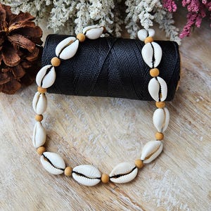 Cowrie Shell Choker | Midnight Black Cord Color | Handmade Waterproof Choker for Everyday Wear | Adjustable Tie with Sandalwood Wood Beads