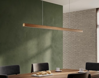 Wooden pendant light in solid oak, linear wood chandelier for dining room ARCWOOD