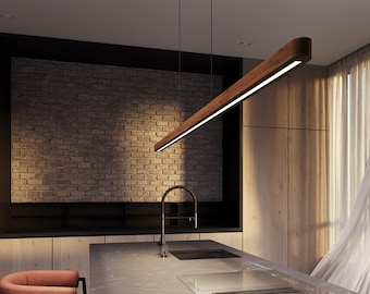 Walnut Dimmable LED Pendant, Linear Suspension Light in Solid Wood, Kitchen Island Ceiling Light Fixture – NOIRIS