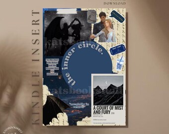 May include: A digital download Kindle insert featuring a collage design with the text "the inner circle." The design includes silhouettes, a couple, and a mountain scene. The text "A Court of Mist and Fury" is also visible.