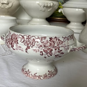 Antique French Ironstone Tureen: St Amand Campanule Pink Transferware, Circa 1800s