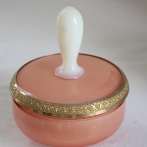 Vintage French Opaline Glass Powder Box: Peach Blush Gilt Rim