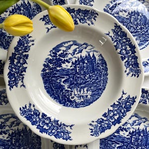 French Vintage Pyroblan Soup Plate: Blue Medieval Village Scene