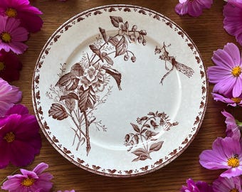 Plato antiguo francés de loza – Sarreguemines Carmen, transferencia floral en sepia