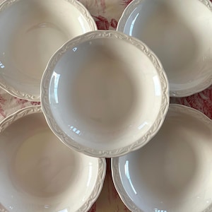 Antique Digoin Sarreguemines Soup Bowl: White Ironstone with Embossed Rim