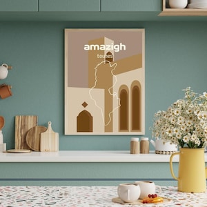 Amazigh, Tunisie, Tounes, Berbère, Afrique du Nord, Carte, Affiche numérique, Architecture, Couleurs du désert, Art mural, Ethnique, Tradition