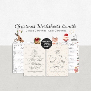Printbaar kerstpakket met kalligrafiewerkbladen: klassieke en gezellige kerstschrijfoefeningen, moderne penseellettering voor beginners.